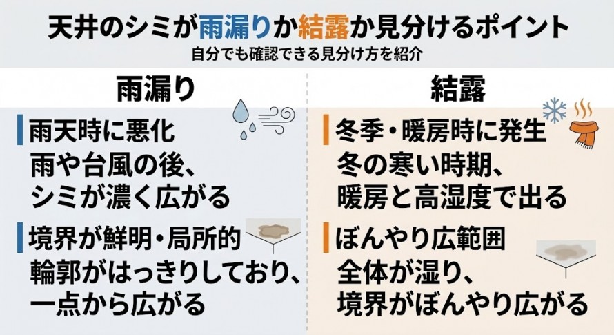 天井のシミが雨漏りか結露か見分けるポイント