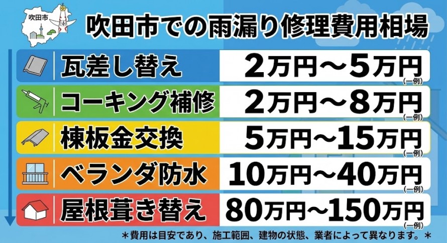 吹田市での雨漏り修理費用の相場表