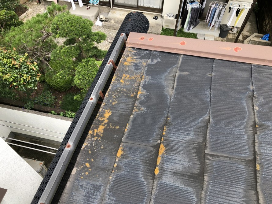 防水機能の低下したスレート屋根には苔が繁殖している