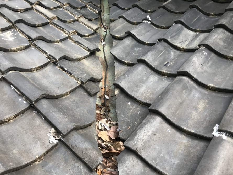 雨漏り箇所上の谷板金